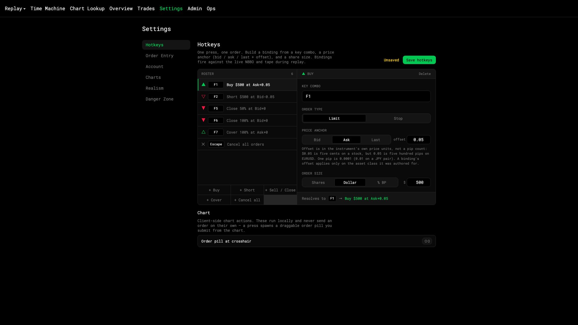 The Hotkeys settings page with the roster on the left and the editor on the right